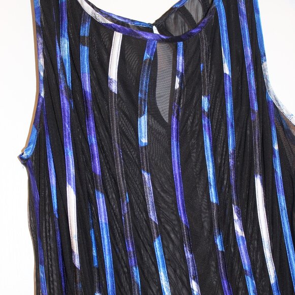 Striped BlueTone sheer overlay Swing style Cocktail Dress black lining size L - Picture 2 of 7